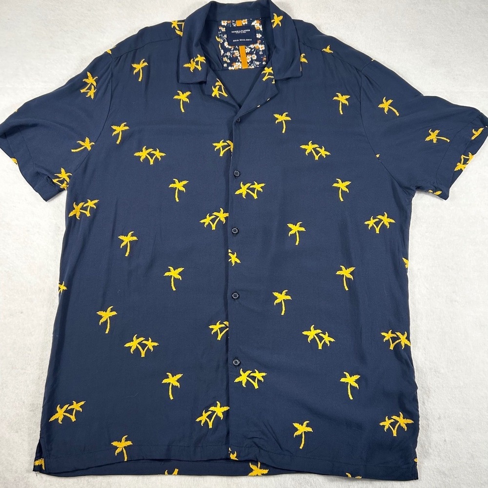 Denim & Flower Mens XL Navy Blue Yellow Palm Tree Viscose Button Down Shirt